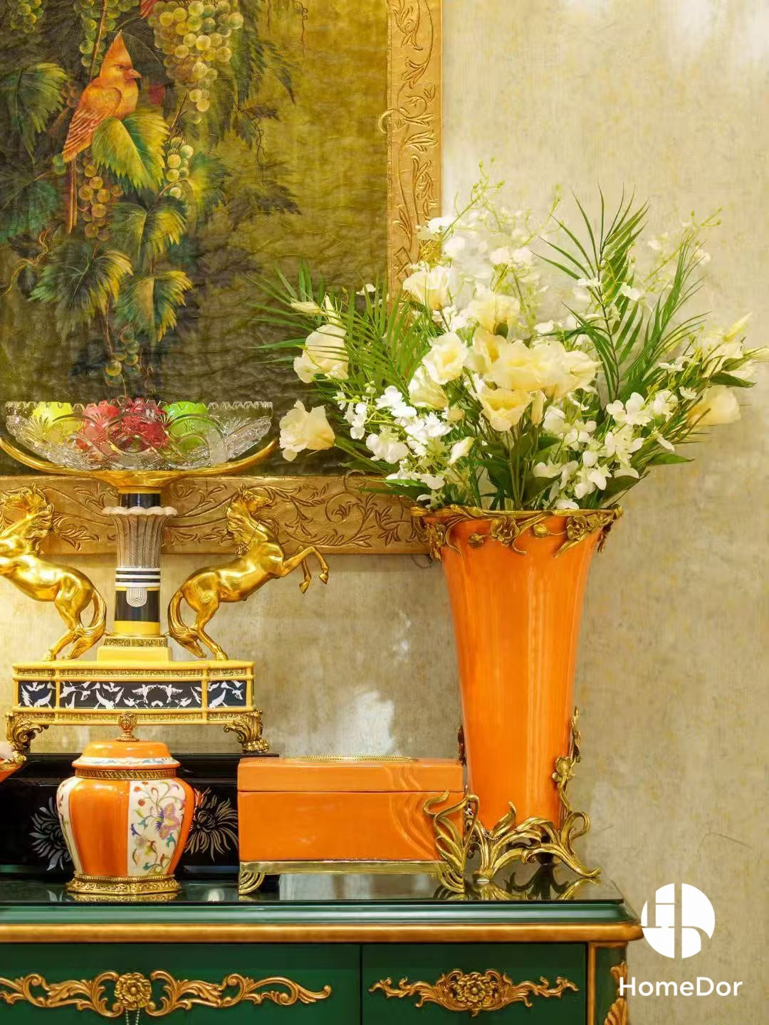 Art Nouveau Orange Porcelain Decor Set with Brass Botanical Accents3