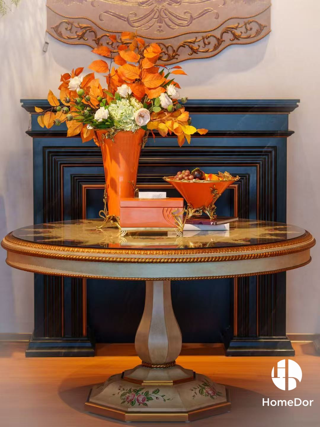 Art Nouveau Orange Porcelain Decor Set with Brass Botanical Accents4