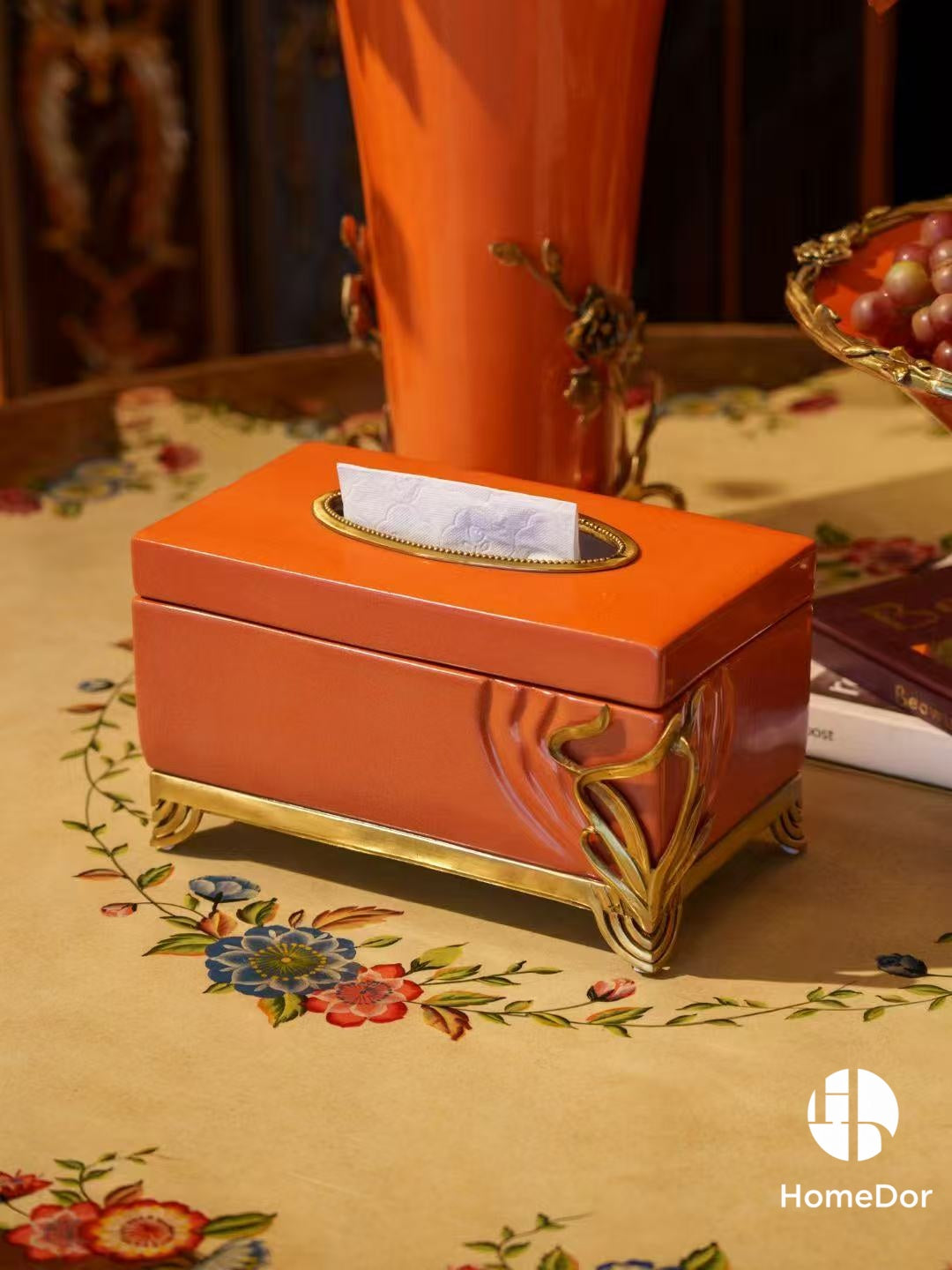 Art Nouveau Orange Porcelain Decor Set with Brass Botanical Accents6