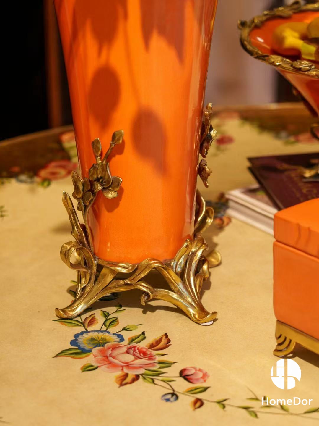 Art Nouveau Orange Porcelain Decor Set with Brass Botanical Accents7