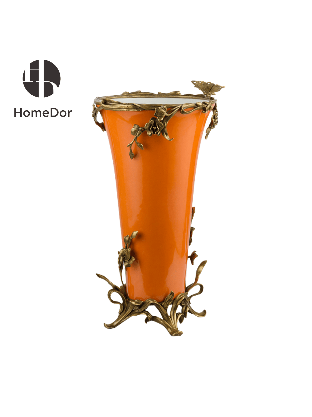 Art Nouveau Orange Porcelain Decor Set with Brass Botanical Accents8