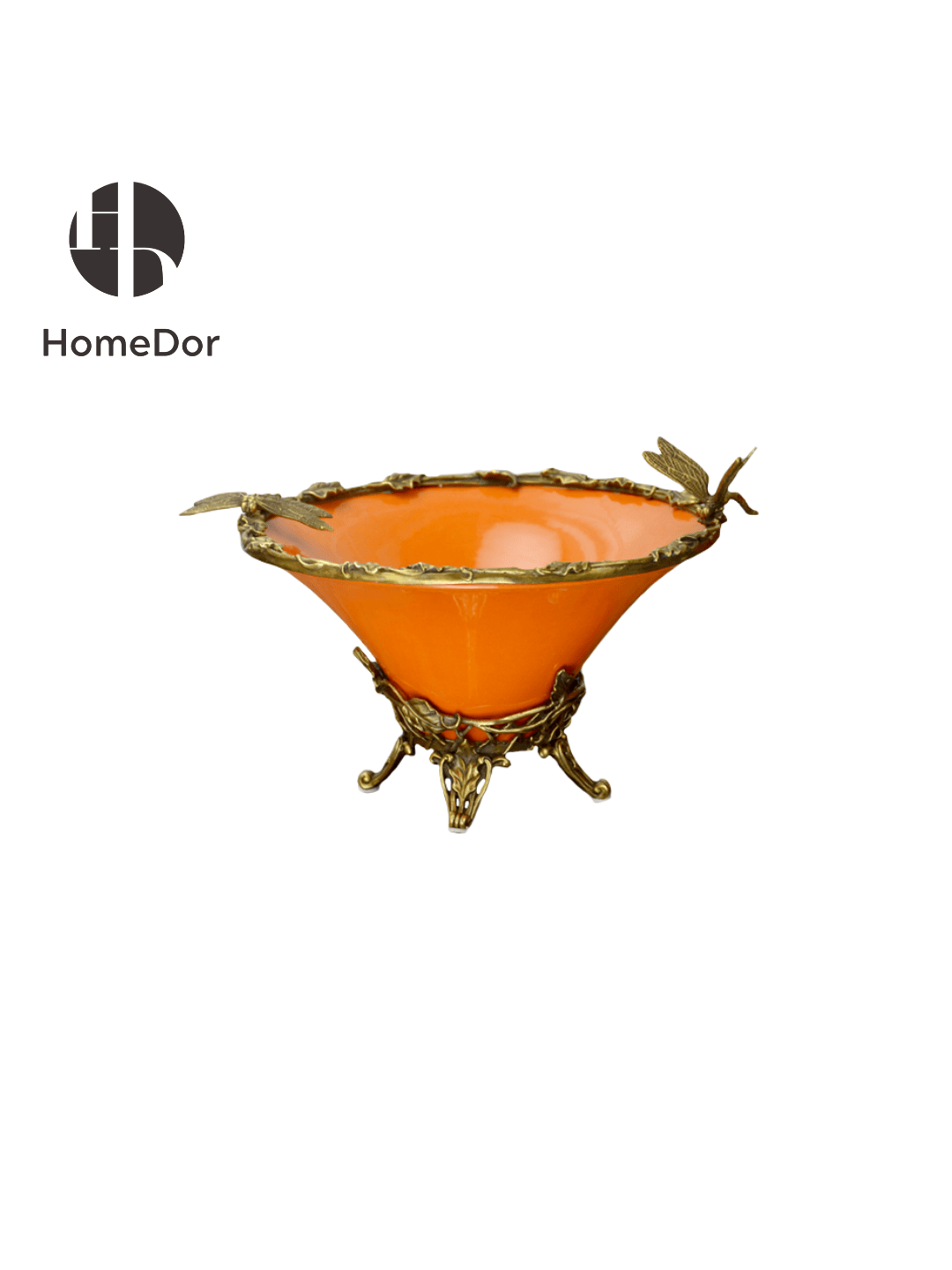 Art Nouveau Orange Porcelain Decor Set with Brass Botanical Accents9