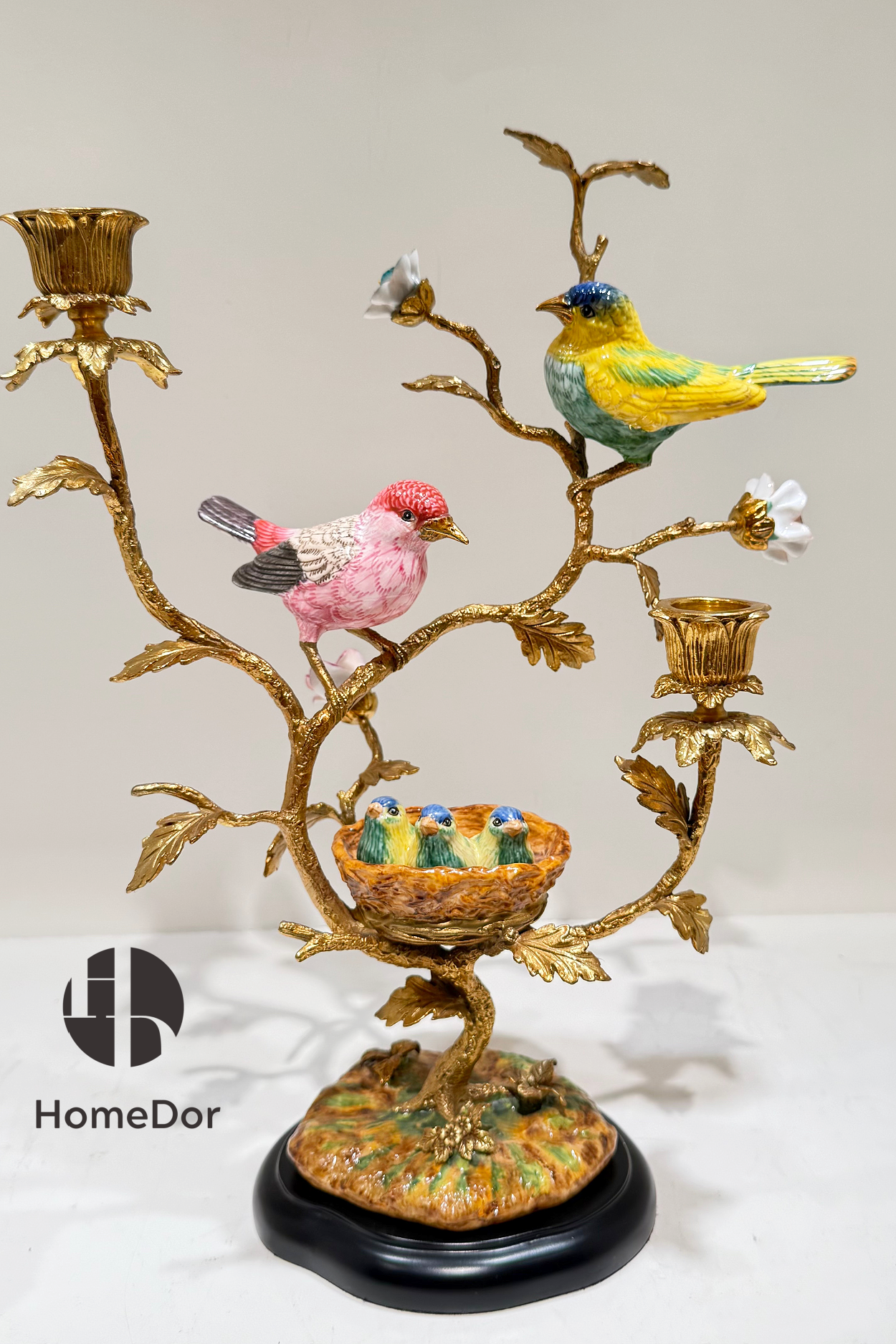 Artistic Ceramic Bird & Flower Candelabra with Copper Branches & Nest Accents1