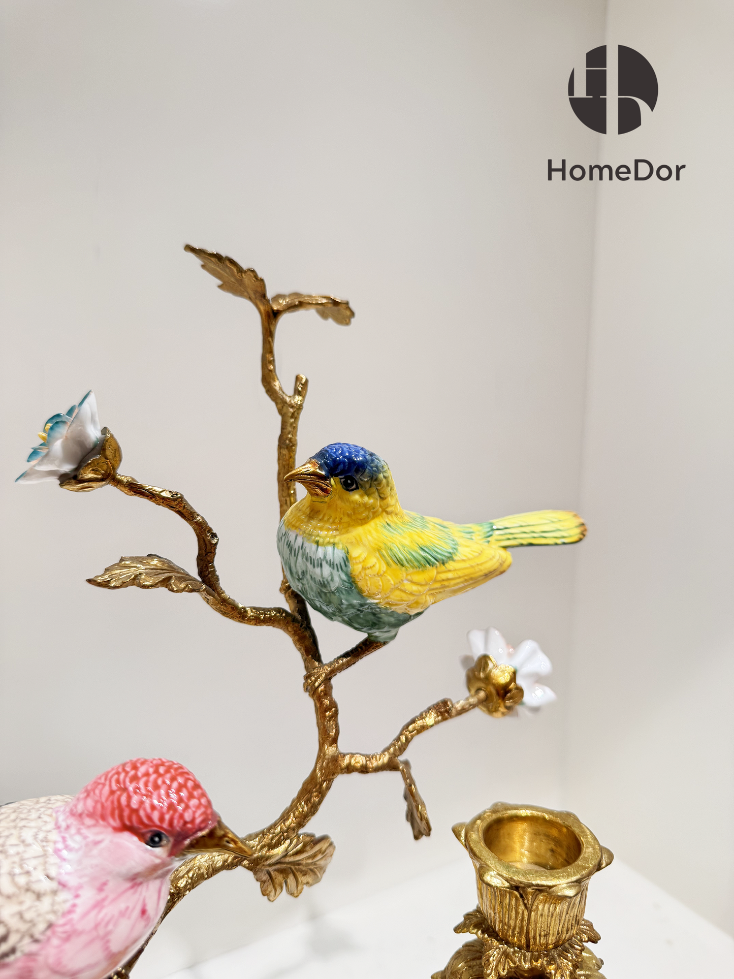 Artistic Ceramic Bird & Flower Candelabra with Copper Branches & Nest Accents2