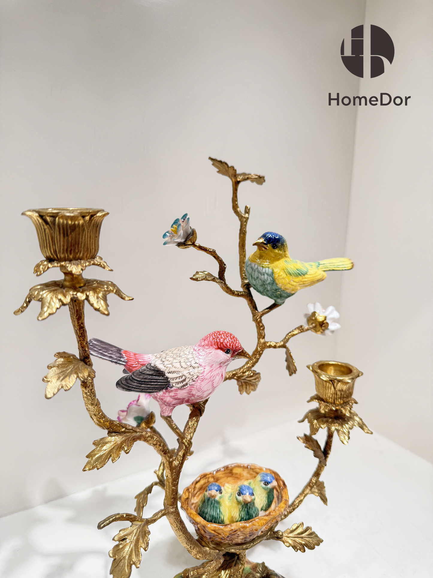 Artistic Ceramic Bird & Flower Candelabra with Copper Branches & Nest Accents3