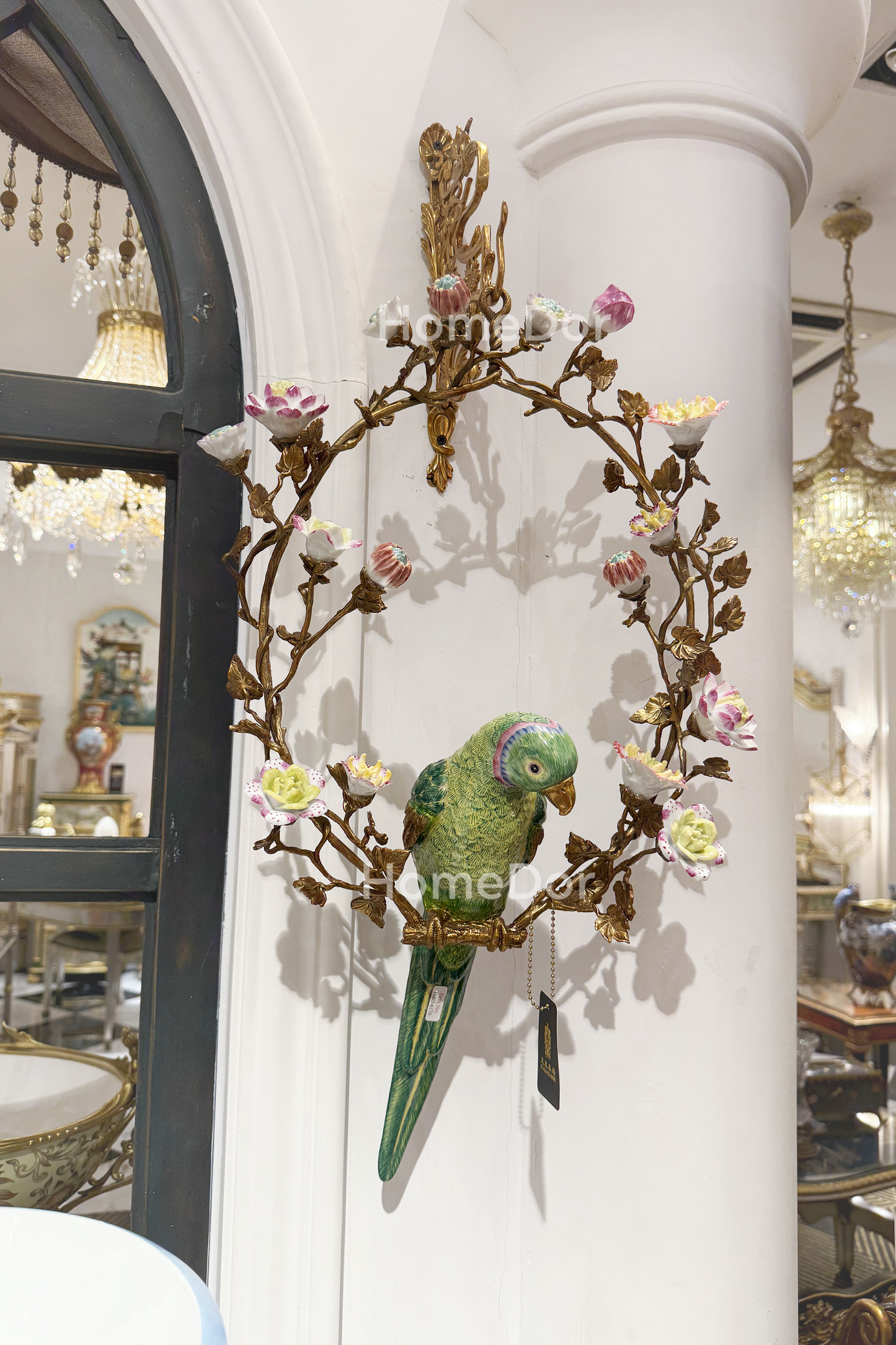 Artistic Hanging Wall Decor of Parrot Perched on Floral Hoop