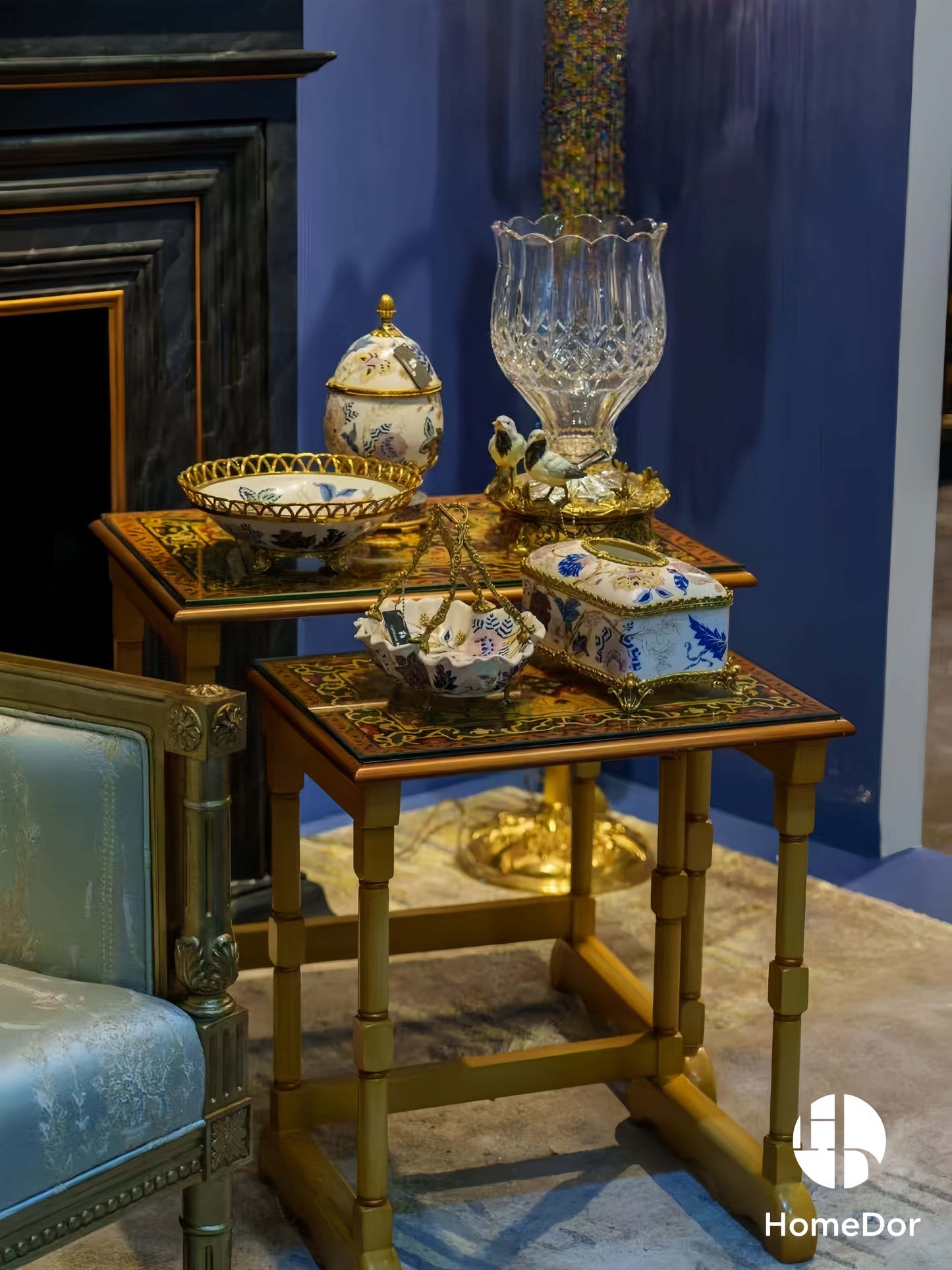 Artistic Pink Blue Porcelain & Lustrous Brass Elegance Table Decor Sets10
