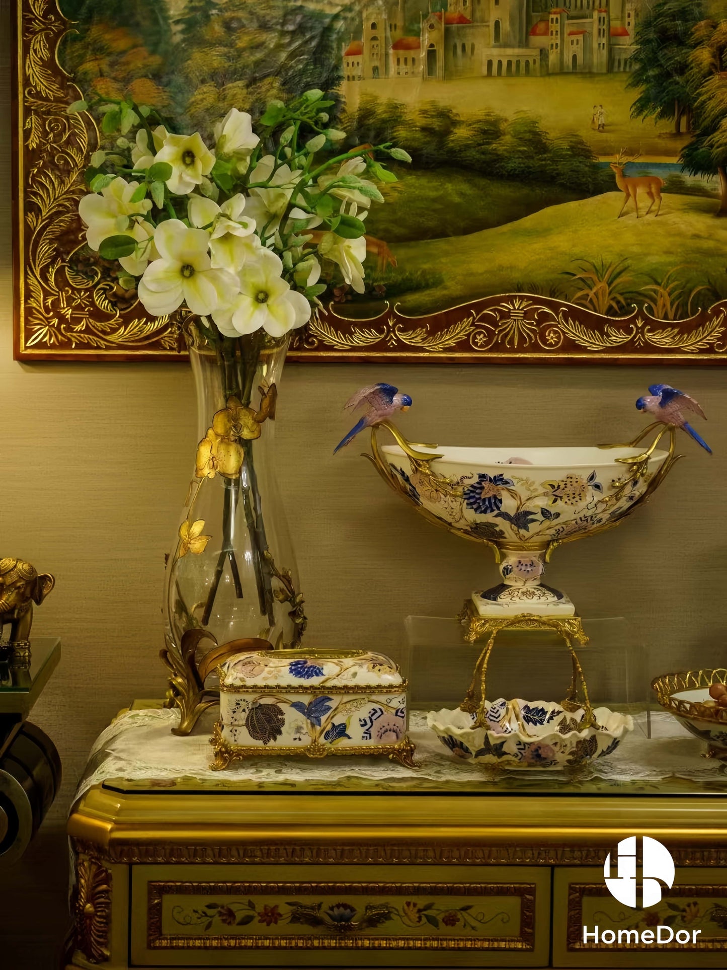 Artistic Pink Blue Porcelain & Lustrous Brass Elegance Table Decor Sets4