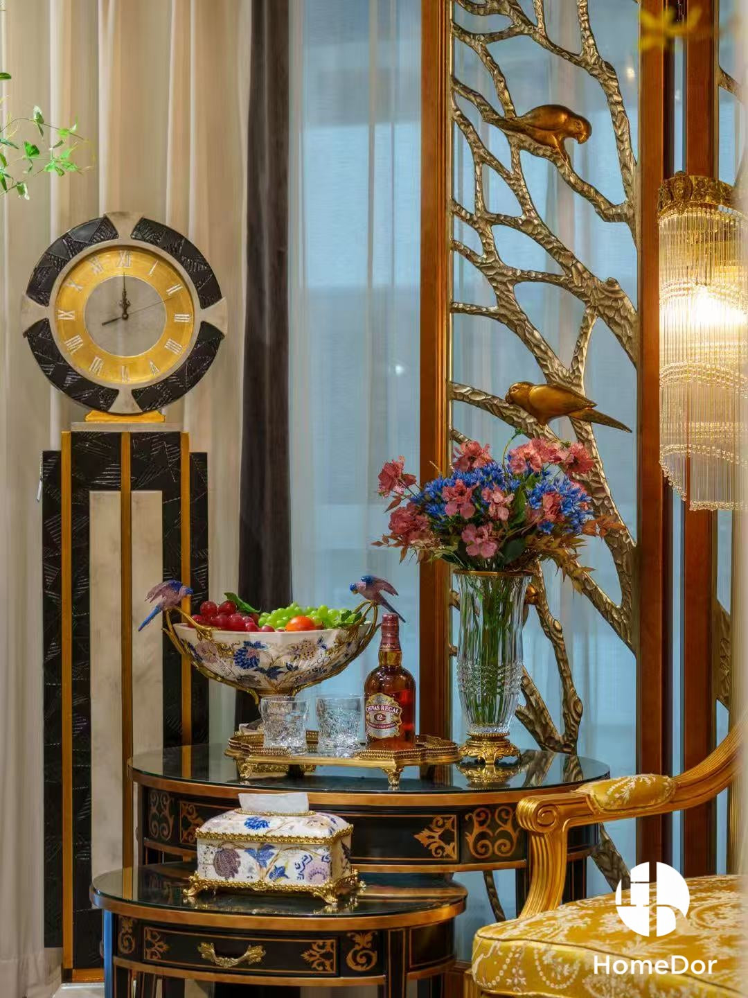 Artistic Pink Blue Porcelain & Lustrous Brass Elegance Table Decor Sets5