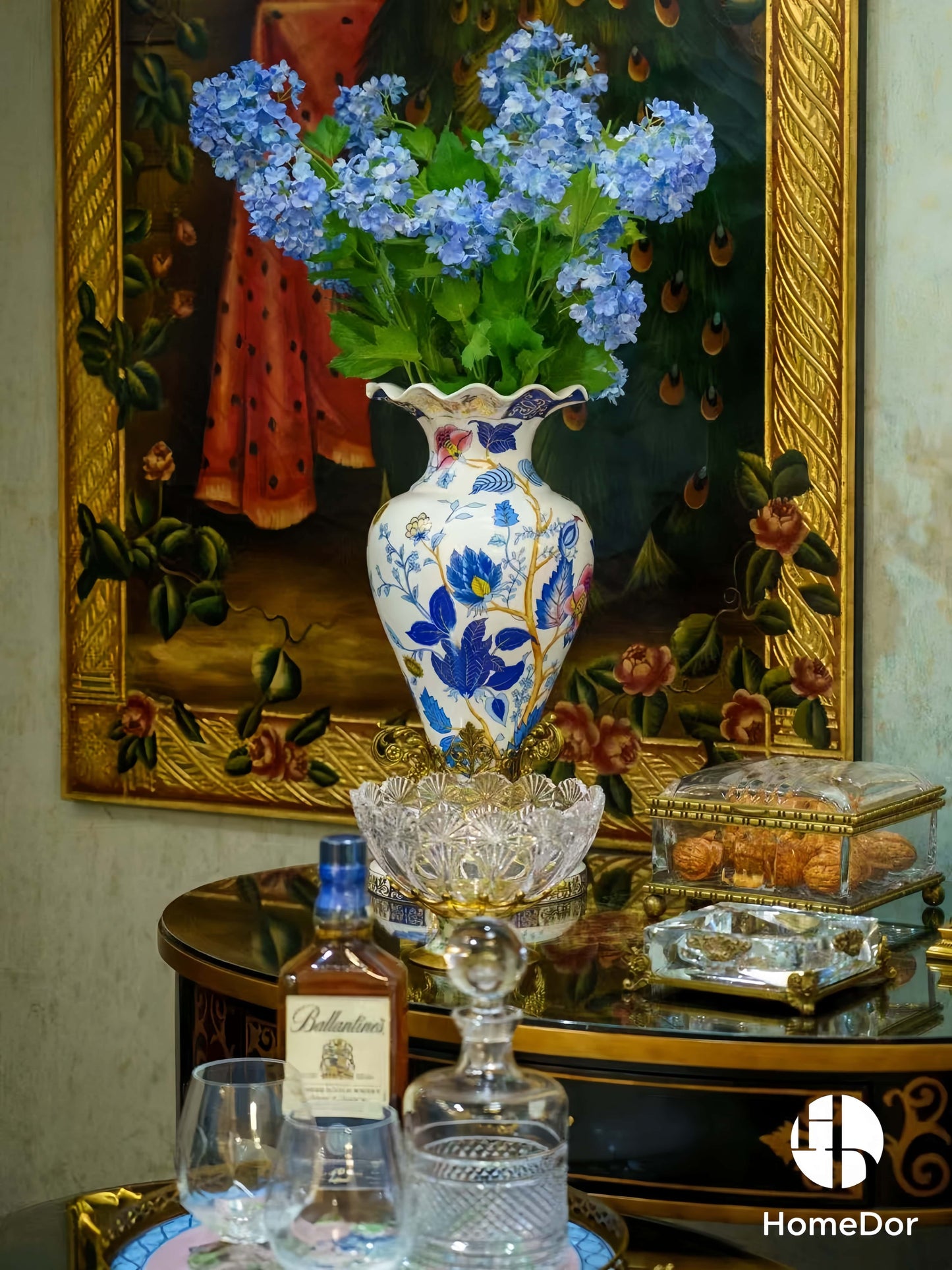 Artistic Pink Blue Porcelain & Lustrous Brass Elegance Table Decor Sets8