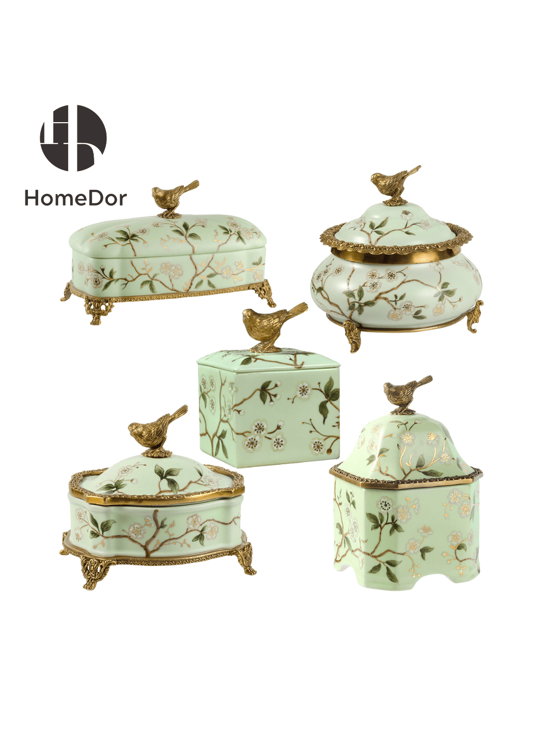 Avian Spring | Nature - Inspired Harmony Mint Green Porcelain Set with Brass Accents1