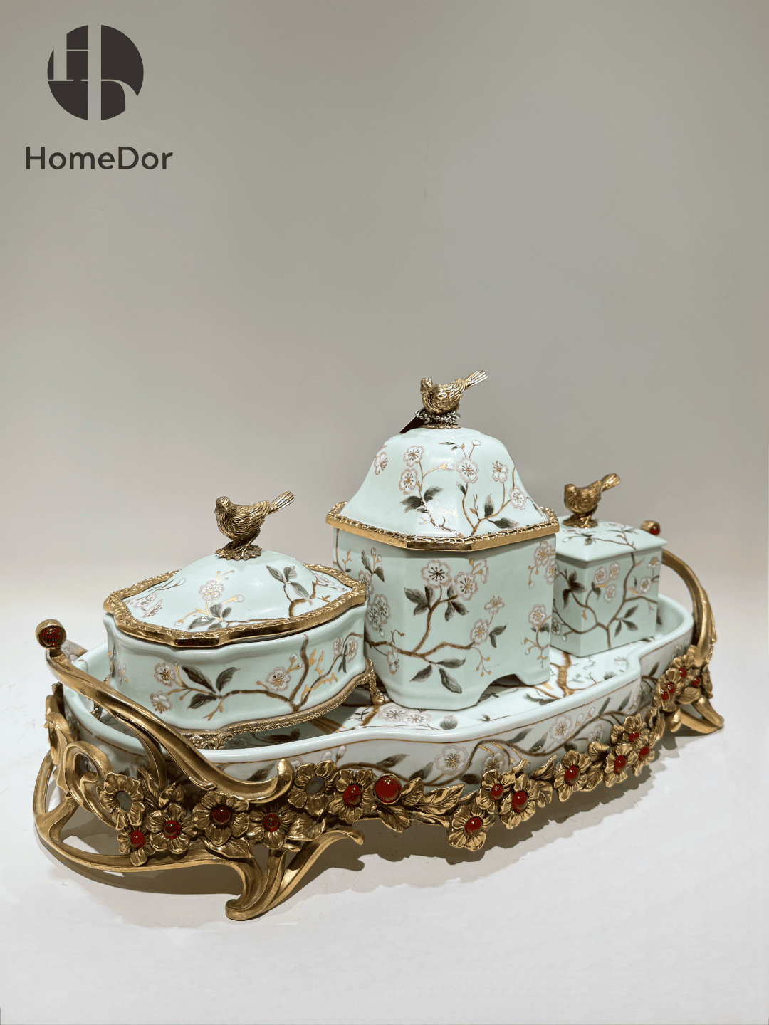 Avian Spring | Nature - Inspired Harmony Mint Green Porcelain Set with Brass Accents11