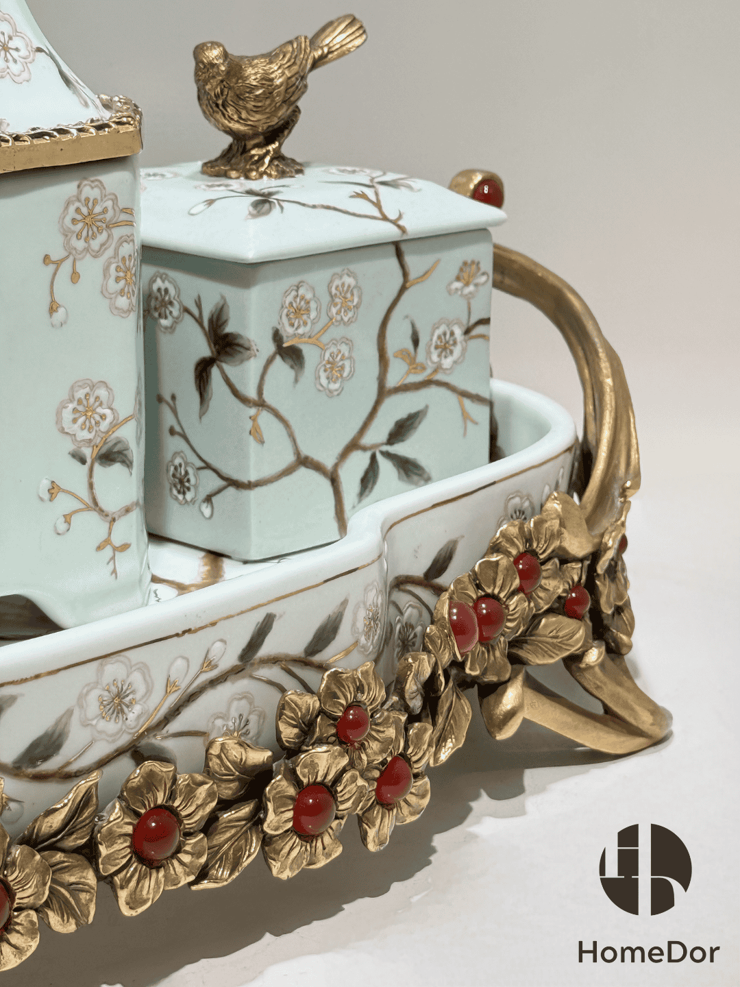 Avian Spring | Nature - Inspired Harmony Mint Green Porcelain Set with Brass Accents12