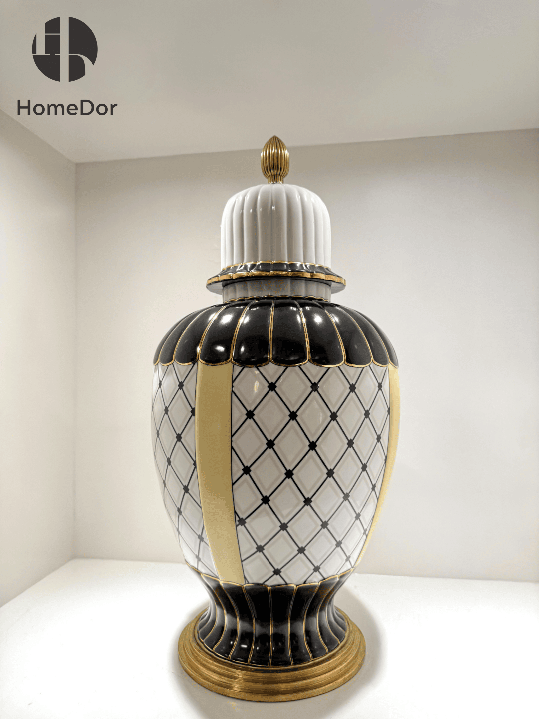 Black and White Geometric Porcelain Accent with Golden Edges1