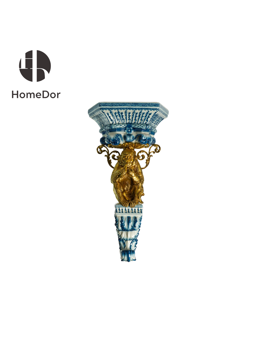 Blue and White Porcelain Wall Decor With Ornate Brass Animal Embellishments2