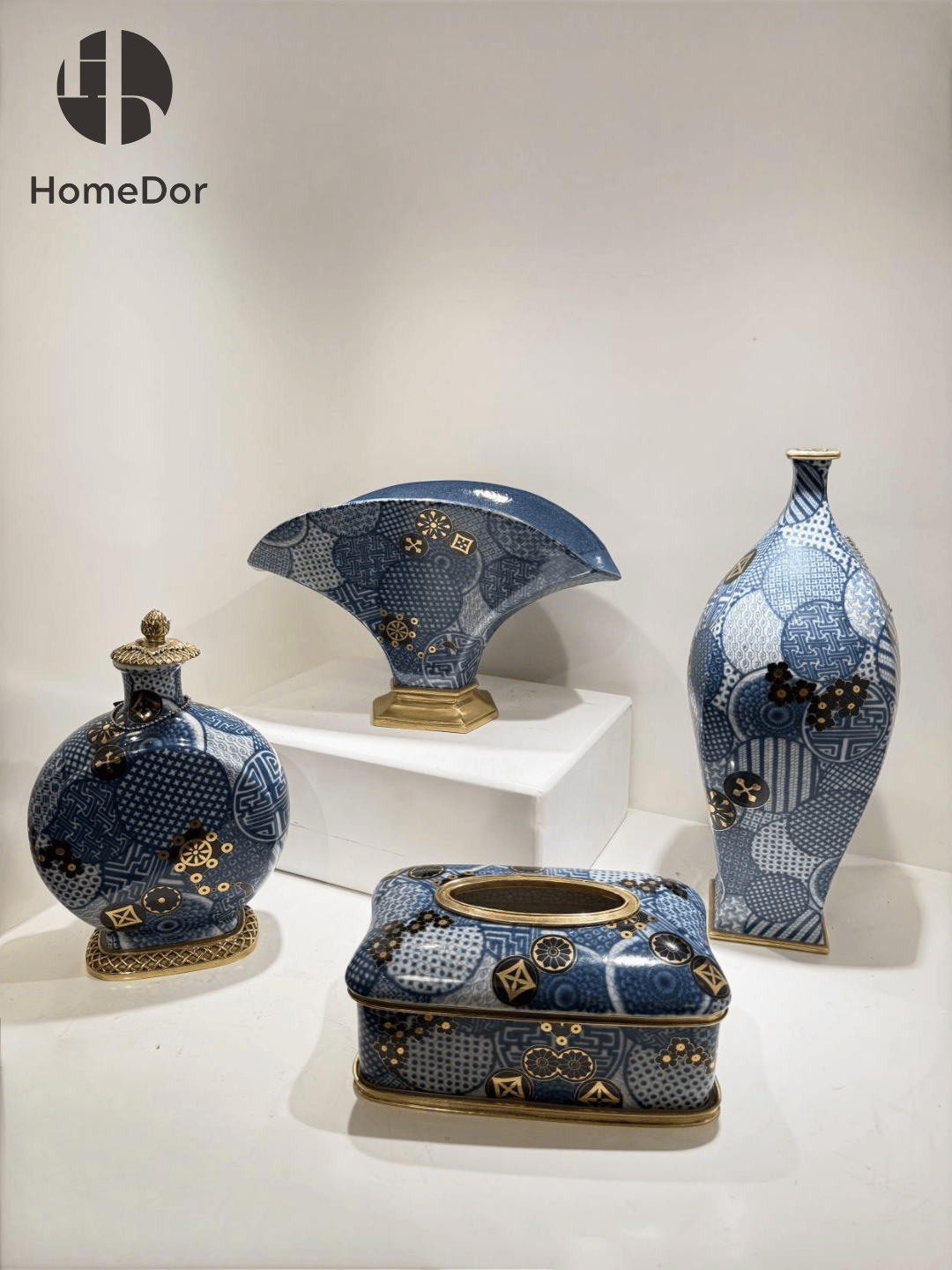 Blue and White Porcelain with Gold Accents Table Decor Set
7
