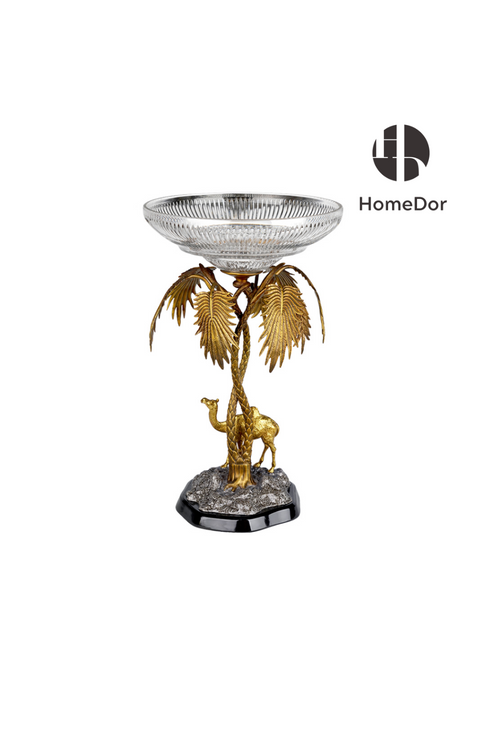 HomeDor Brass Camel Bowl Palm Tree Stand Fruit Platter-Fruit Platter-L33cm x W33cm x H52cm-