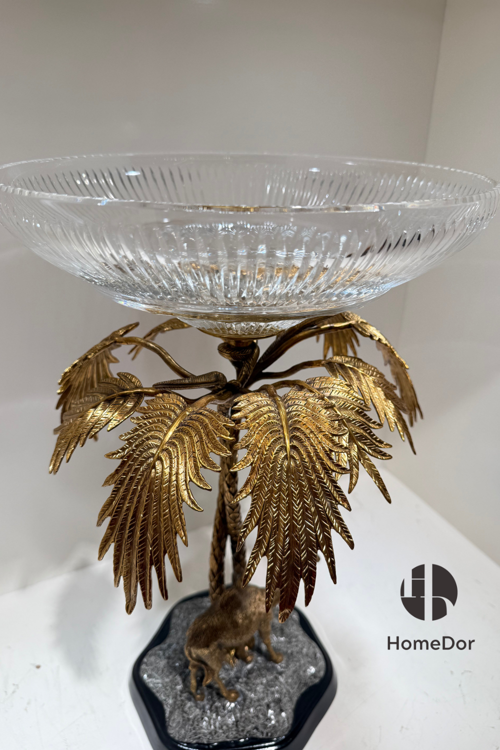 HomeDor Brass Camel Bowl Palm Tree Stand Fruit Platter-Fruit Platter-L33cm x W33cm x H52cm-