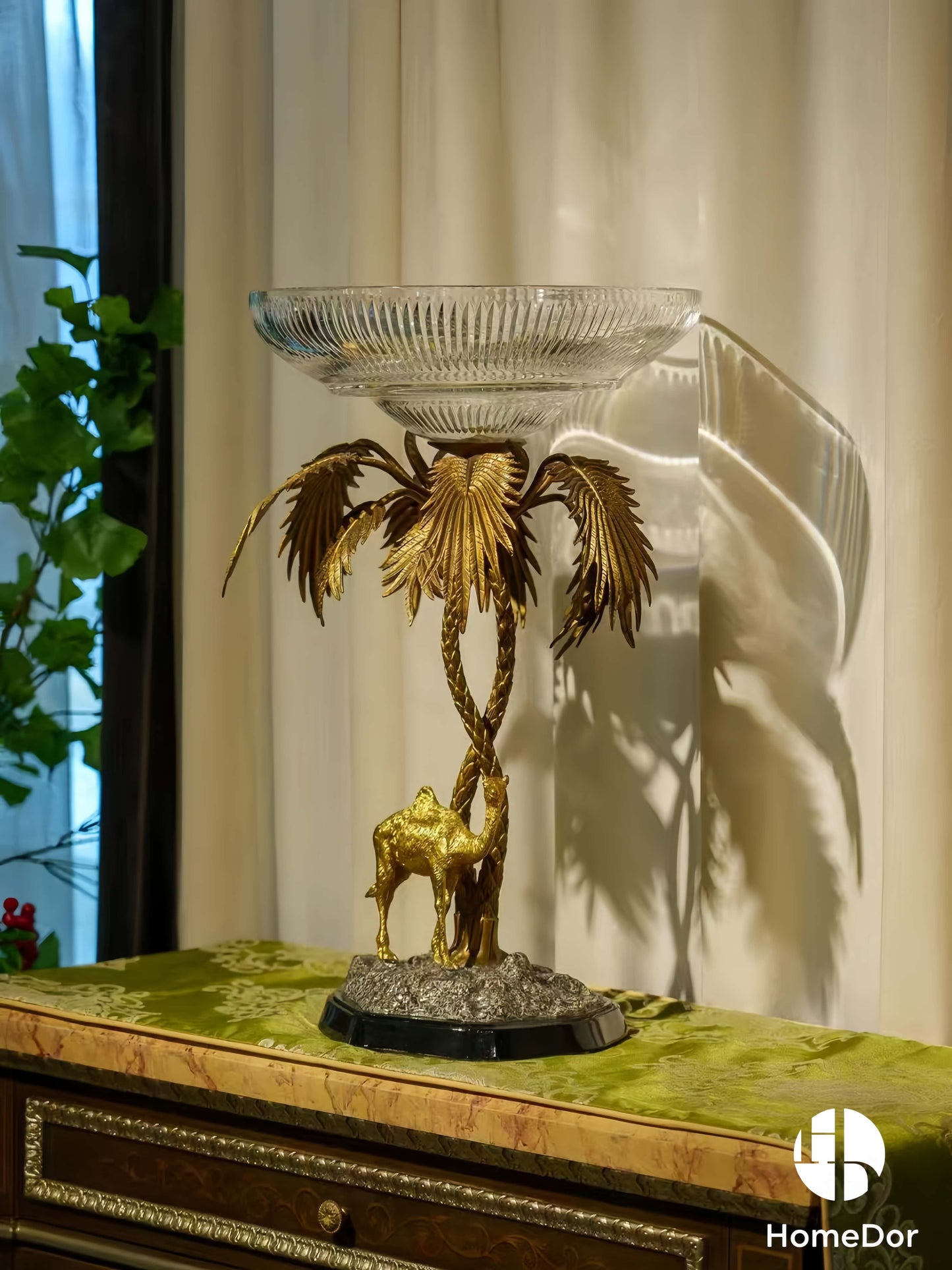 Brass Camel Bowl Palm Tree Stand Fruit Platter
2