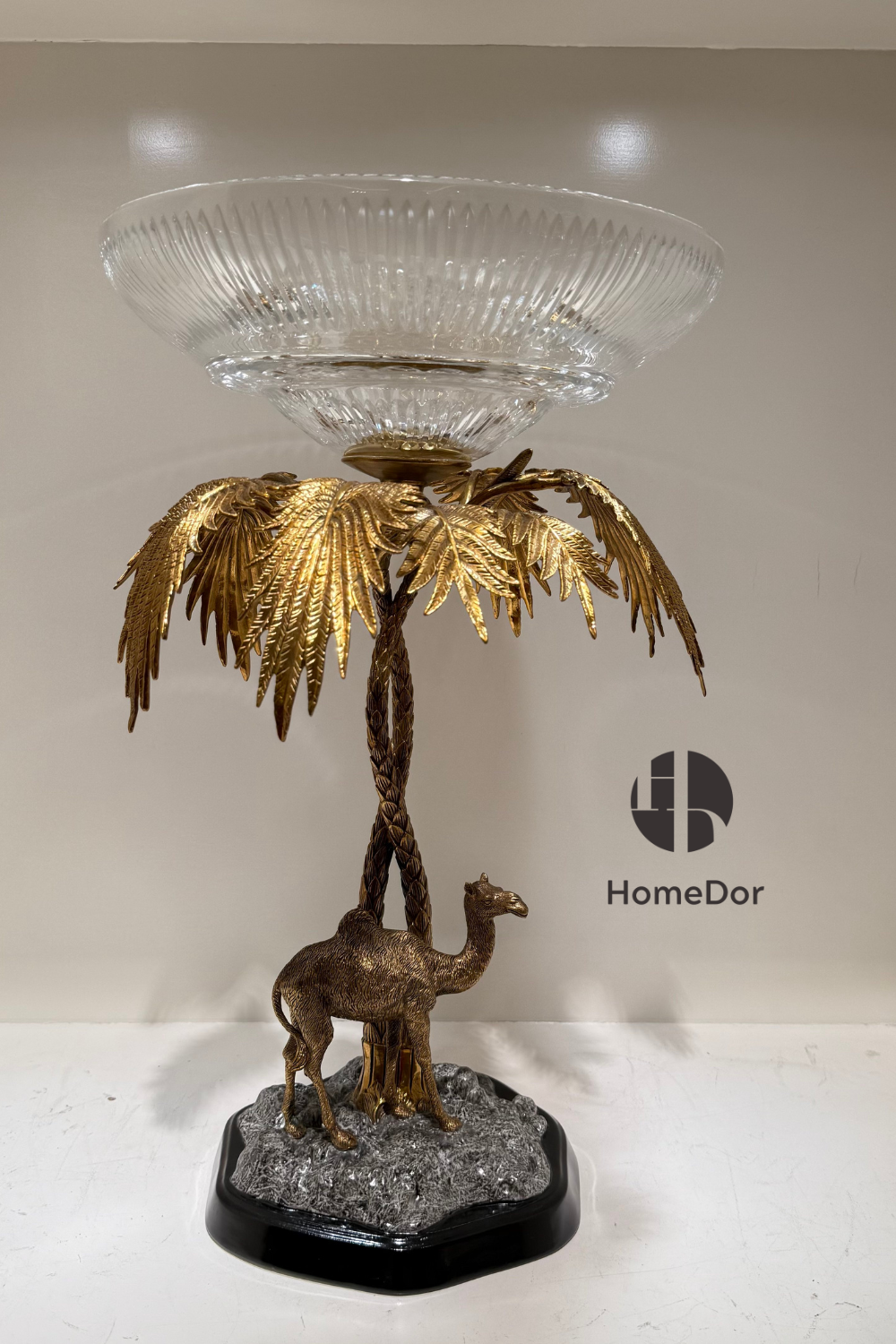 HomeDor Brass Camel Bowl Palm Tree Stand Fruit Platter-Fruit Platter-L33cm x W33cm x H52cm-