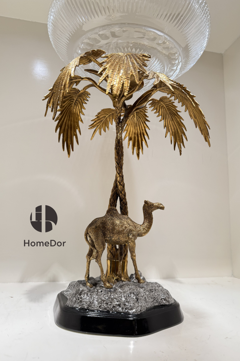HomeDor Brass Camel Bowl Palm Tree Stand Fruit Platter-Fruit Platter-L33cm x W33cm x H52cm-