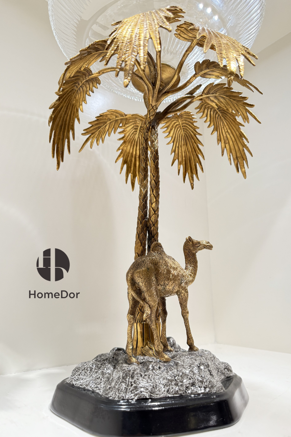 HomeDor Brass Camel Bowl Palm Tree Stand Fruit Platter-Fruit Platter-L33cm x W33cm x H52cm-