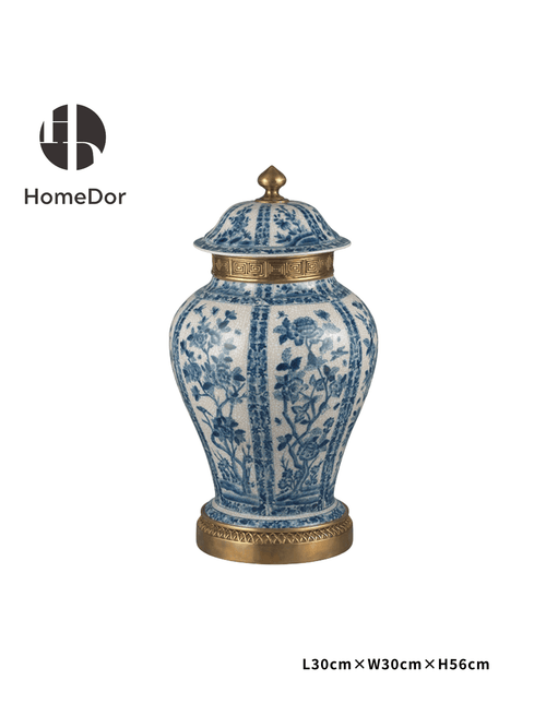 Chinoiserie Blue and White Porcelain General Jar/Urn with Brass Details