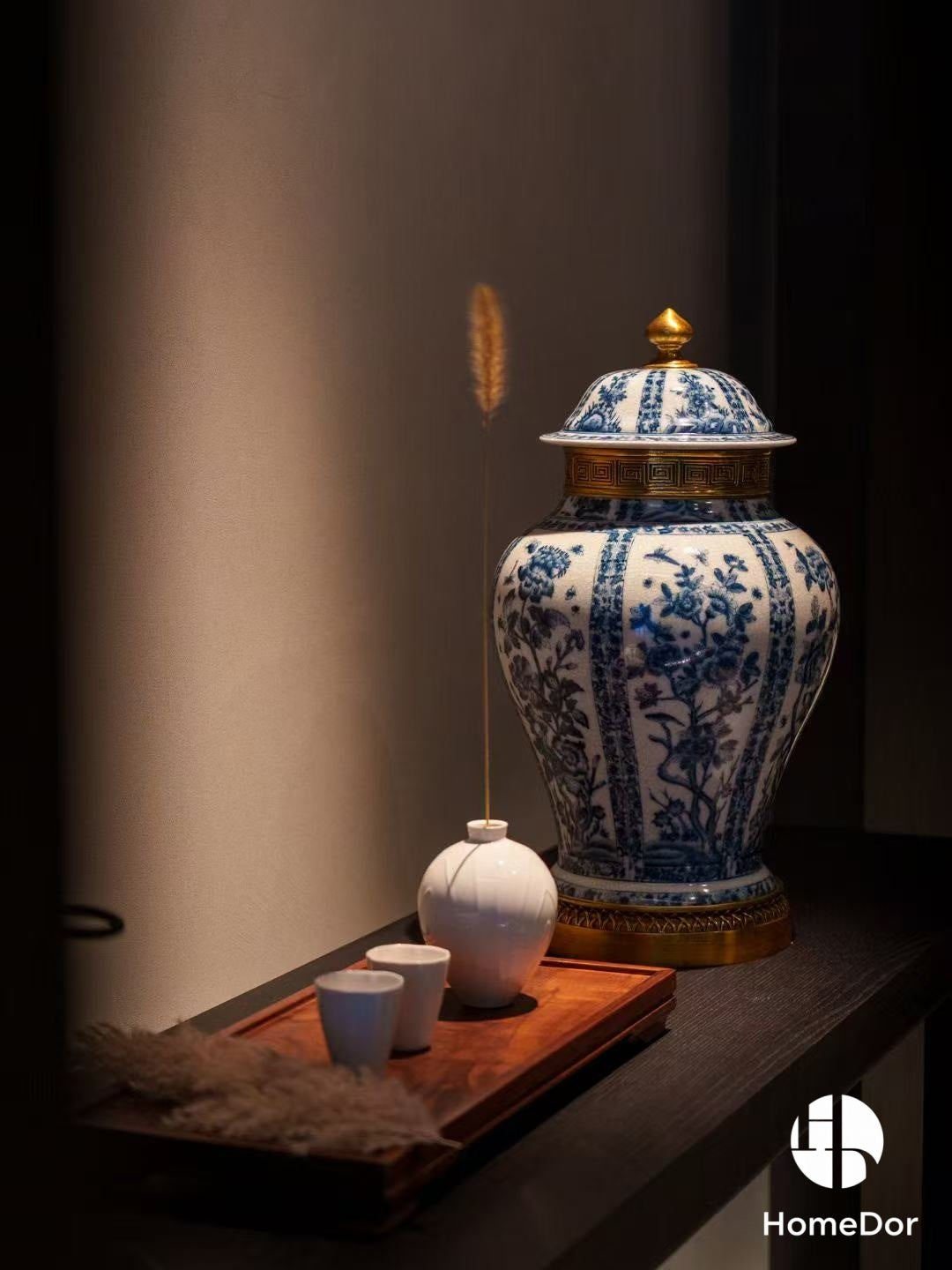 Chinoiserie Blue and White Porcelain General Jar/Urn with Brass Details1