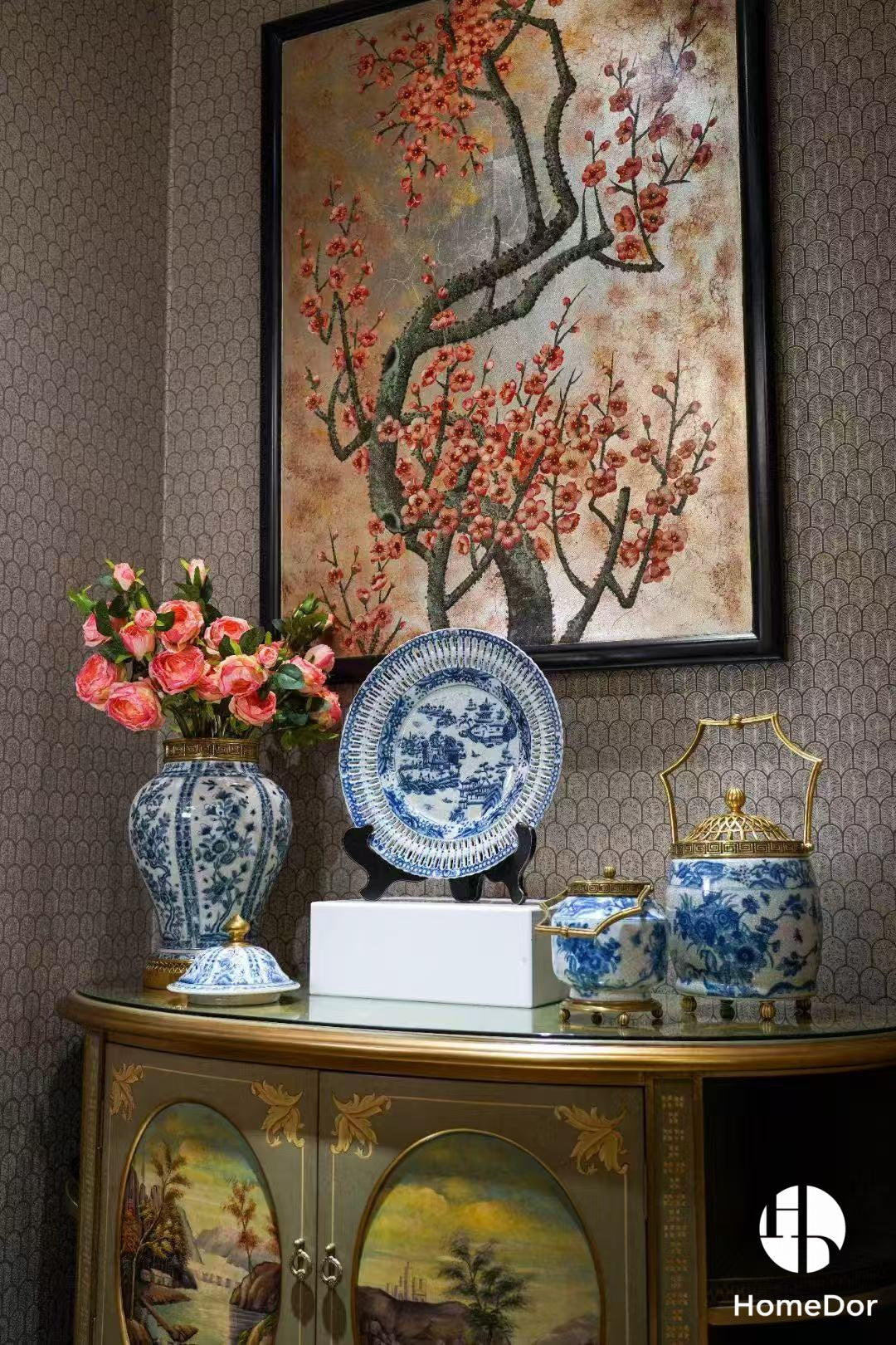Chinoiserie Blue and White Porcelain General Jar/Urn with Brass Details6