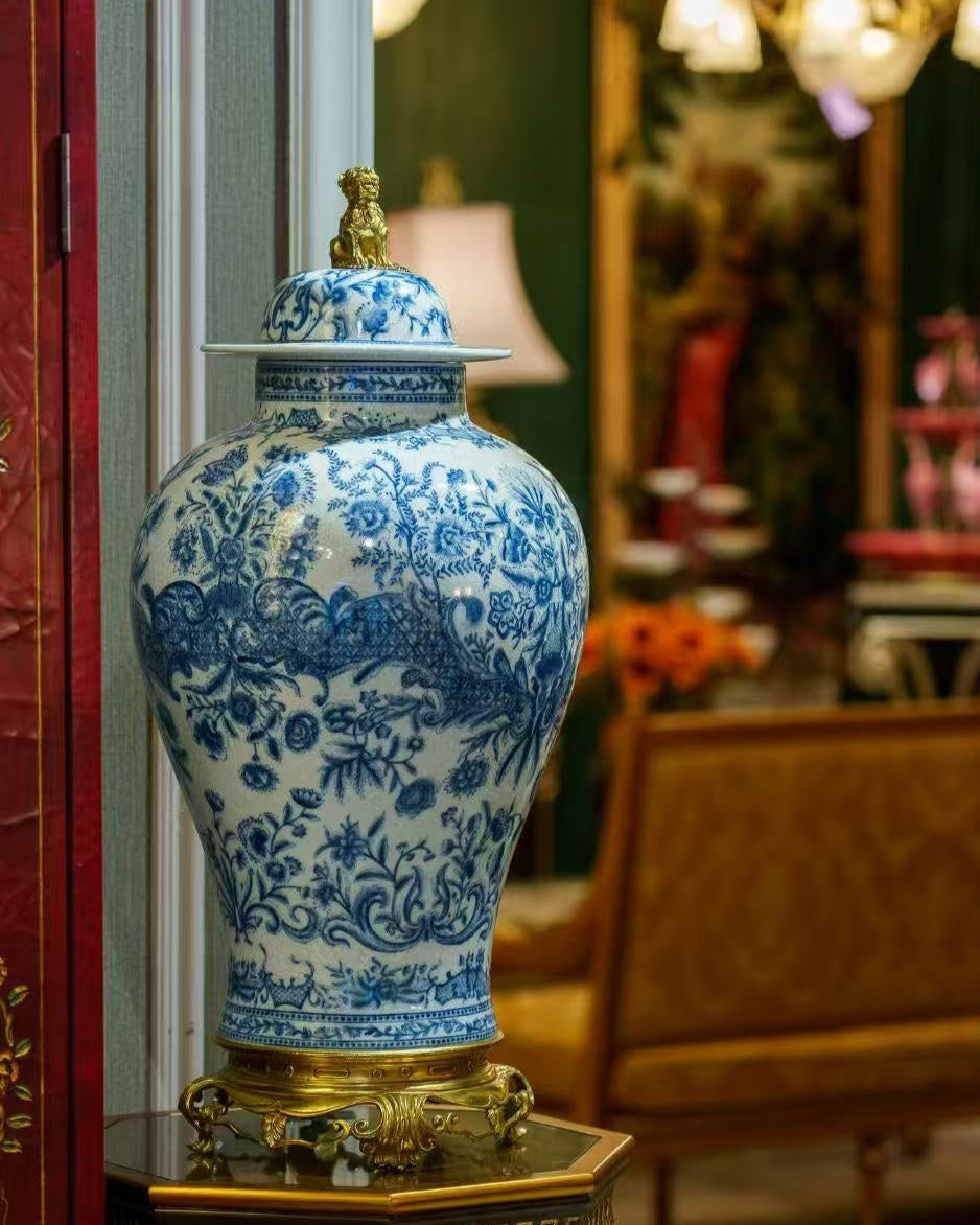 Chinoiserie Foo Dog Finialed Blue - White Porcelain Urn/Table Decor with Brass Base2