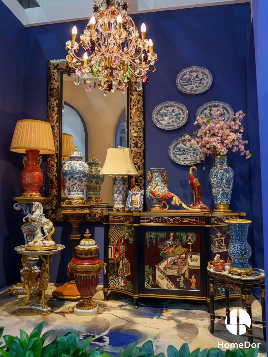 Chinoiserie Foo Dog Finialed Blue - White Porcelain Urn/Table Decor with Brass Base4