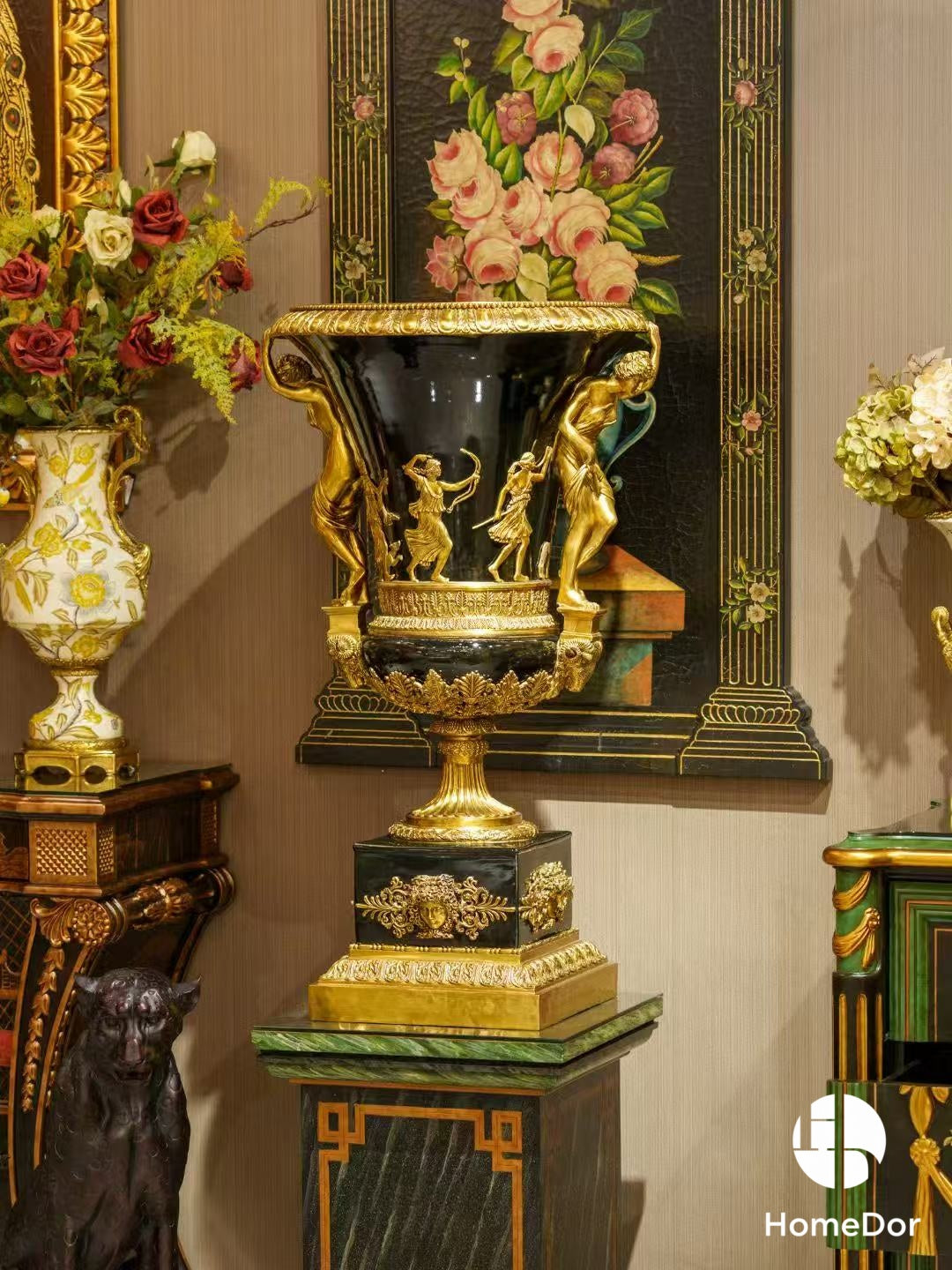 Classic Black Porcelain Table Decor Set with Elaborate Brass Embellishments6