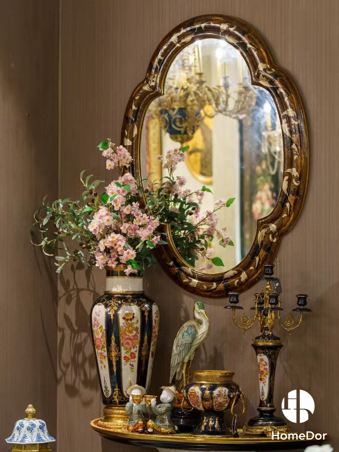Classic Floral Embellished Porcelain Brass Table Candle Holder
1
