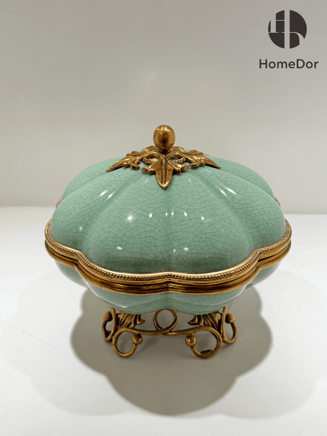 Elegant Celadon Porcelain Circular Eight Petaline Lidded Box/Canister with Elaborate Brass Stand1