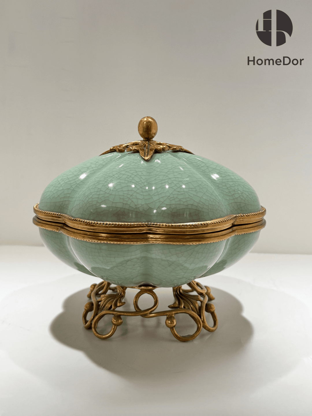 Elegant Celadon Porcelain Circular Eight Petaline Lidded Box/Canister with Elaborate Brass Stand2