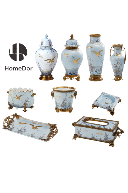 Elegant European Porcelain Table Decor Set with Gold-painted Crane Motifs