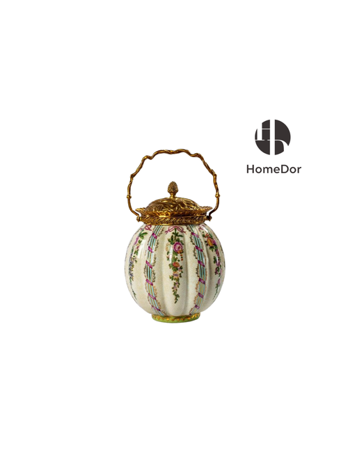 Elegant Floral Porcelain Brass Handled Canister