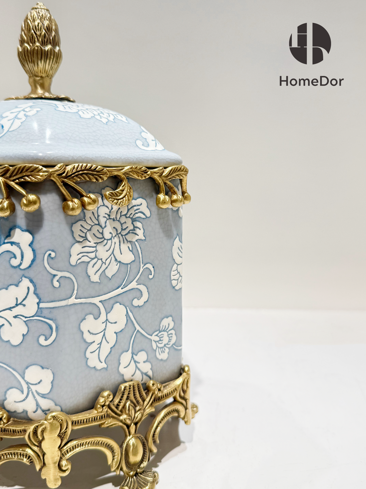 HomeDor-Elegant Pale Blue Blossom Ceramic Brass Decor Jar/Canister-L19cm X W17cm X H23cm-