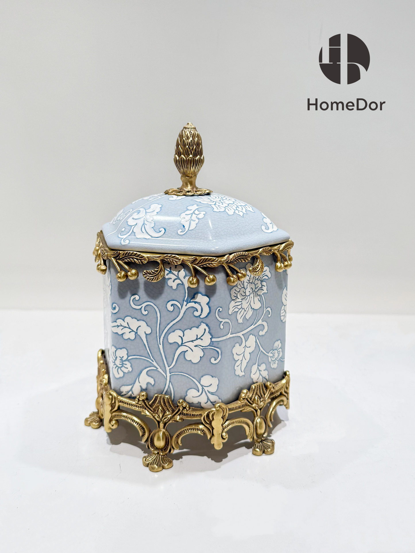 HomeDor-Elegant Pale Blue Blossom Ceramic Brass Decor Jar/Canister-L19cm X W17cm X H23cm-