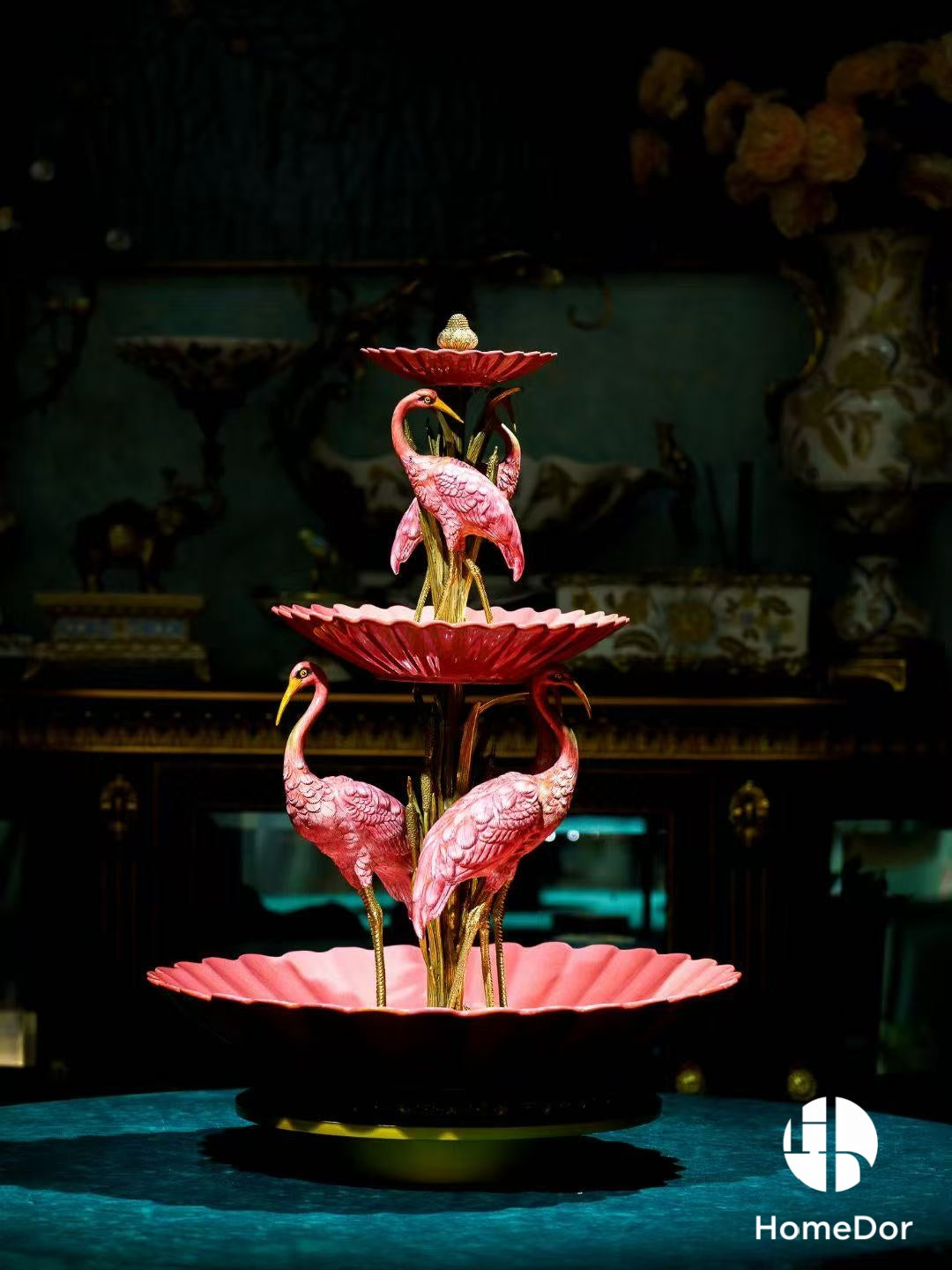 Elegant Pink Flamingos Tiered Porcelain Table Decor with Brass Details1