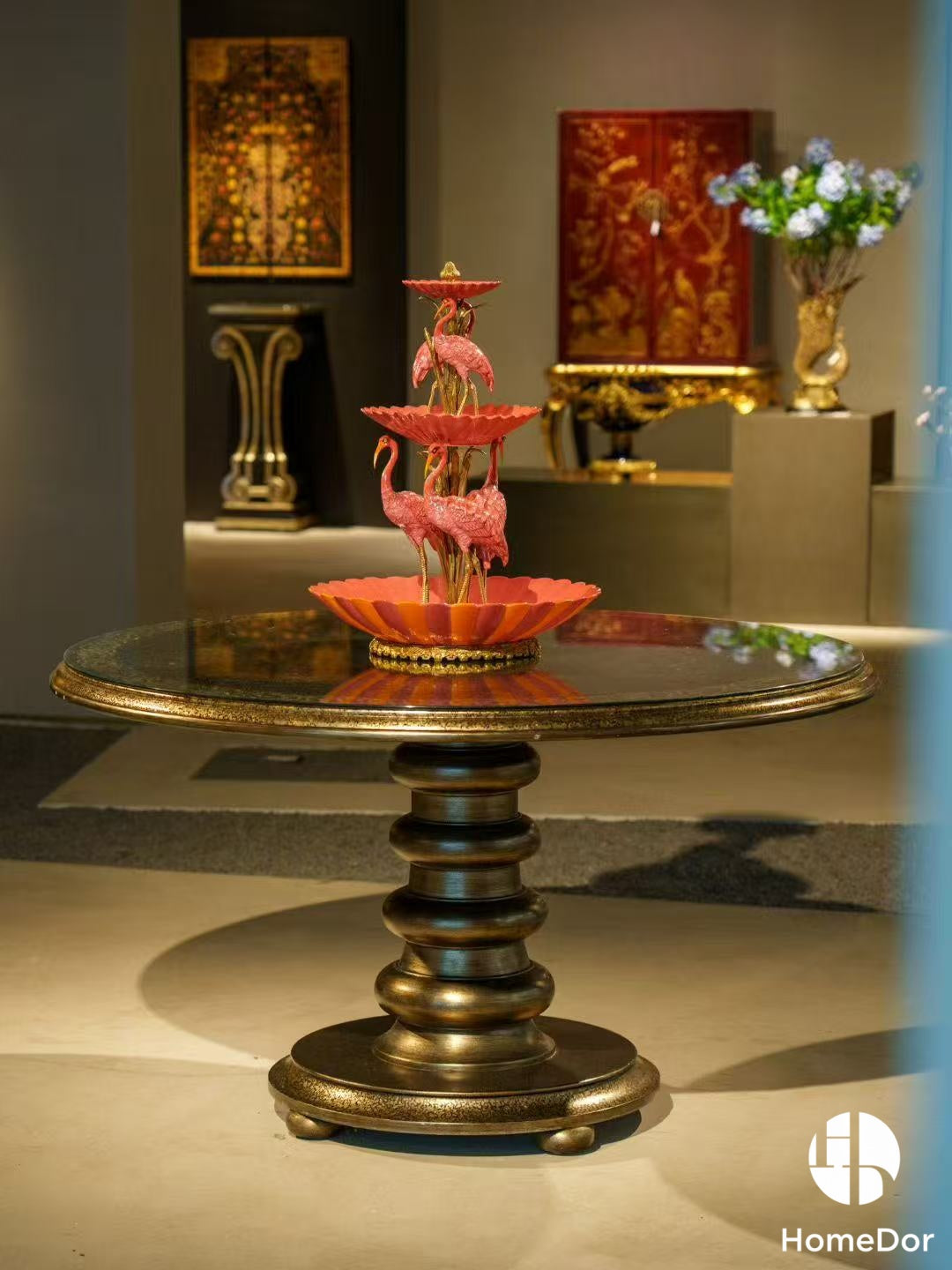 Elegant Pink Flamingos Tiered Porcelain Table Decor with Brass Details2