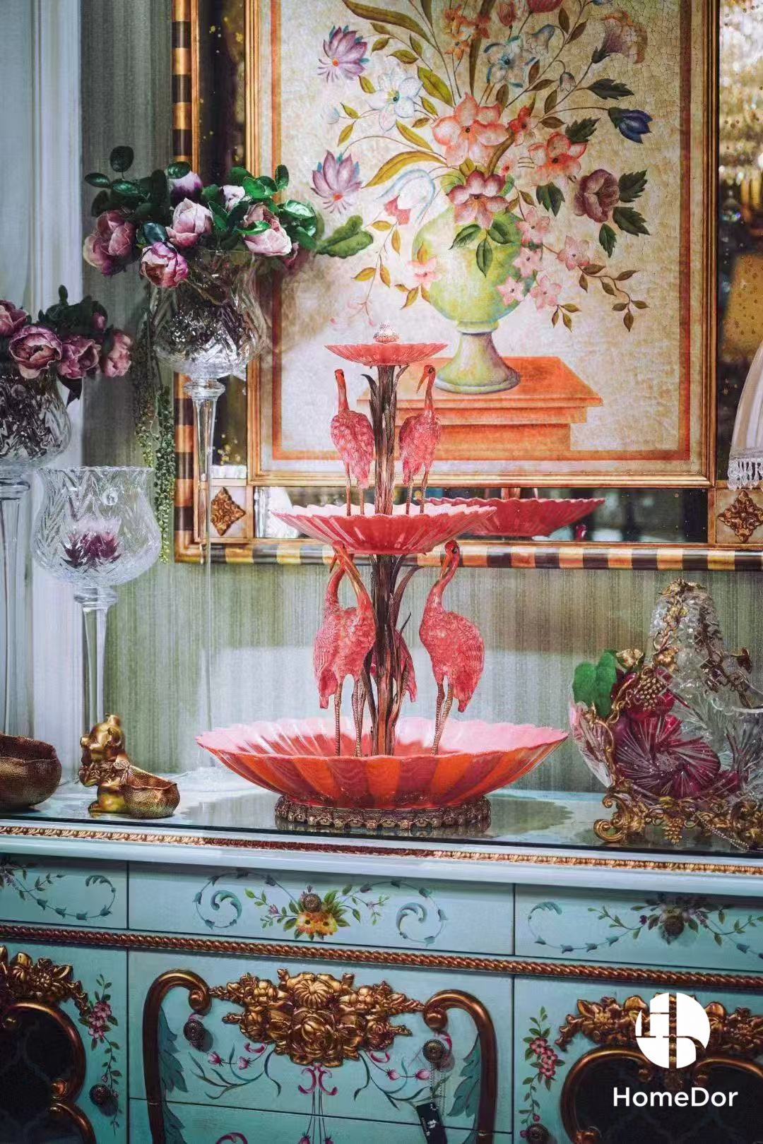 Elegant Pink Flamingos Tiered Porcelain Table Decor with Brass Details3