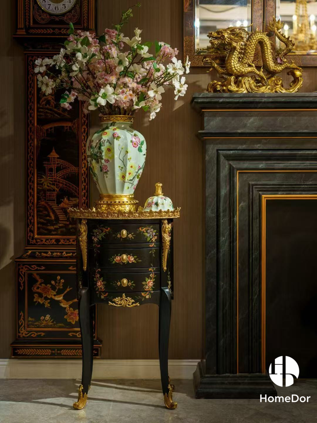 Elegant Royal Black Cabinet/Chest of Drawers with Floral Paintings & Gold Embellishments
1