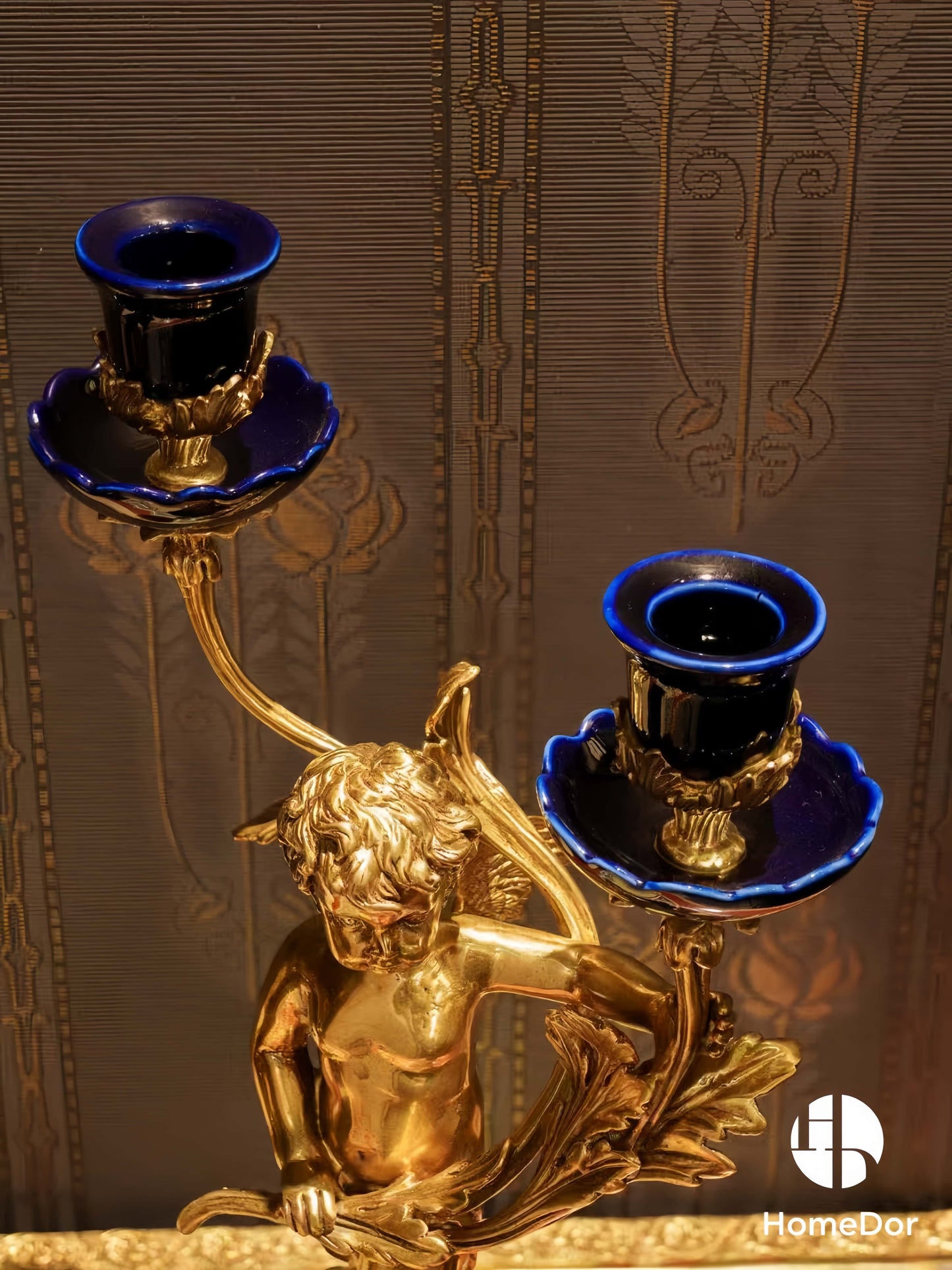 Eternal Navy Opulence Classic Luxury Brass Cherub Ceramic Twin Candle Stand
2