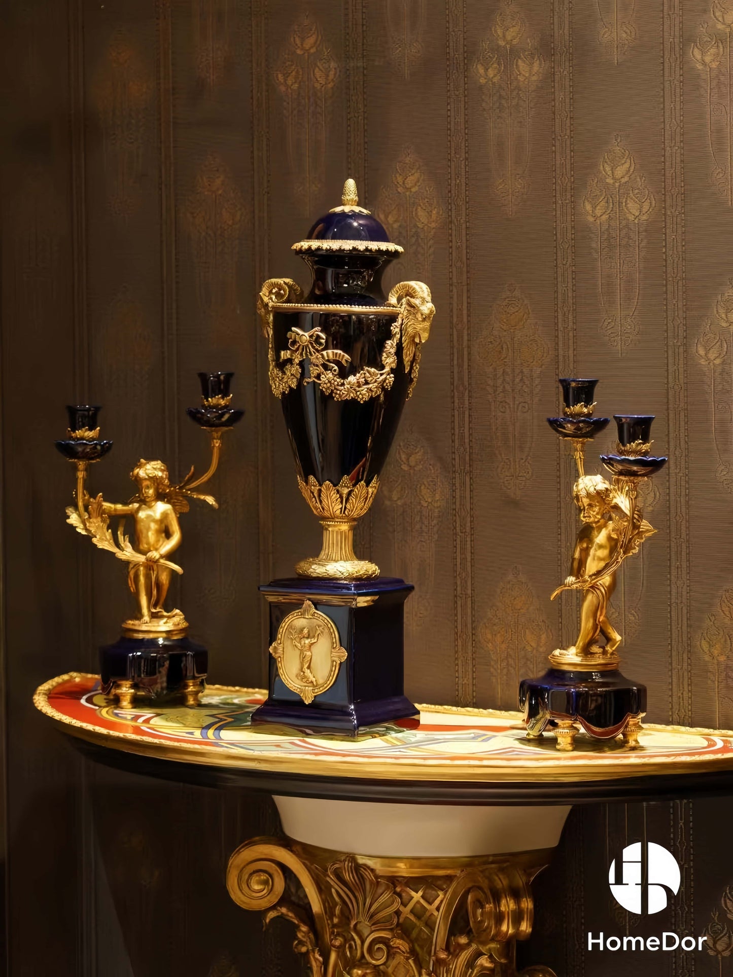 Eternal Navy Opulence Classic Luxury Brass Cherub Ceramic Twin Candle Stand
3