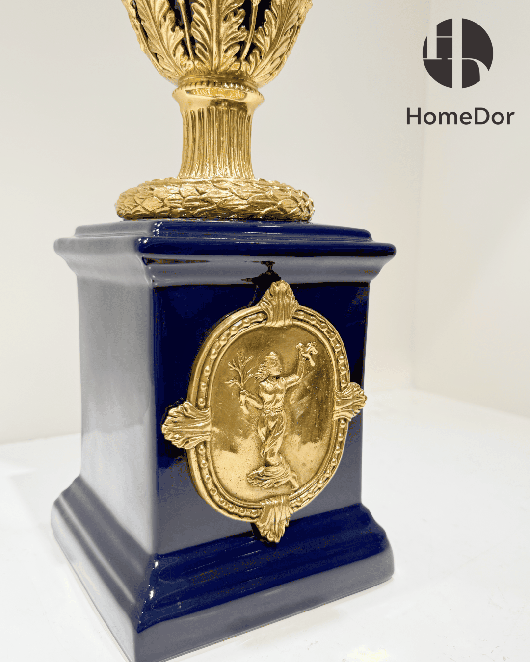 HomeDor Eternal Navy Opulence Porcelain Trophy Artistic Ornament Urn/Table Decor-Vases & Vessels-L22cm X W17cm X H57cm-
