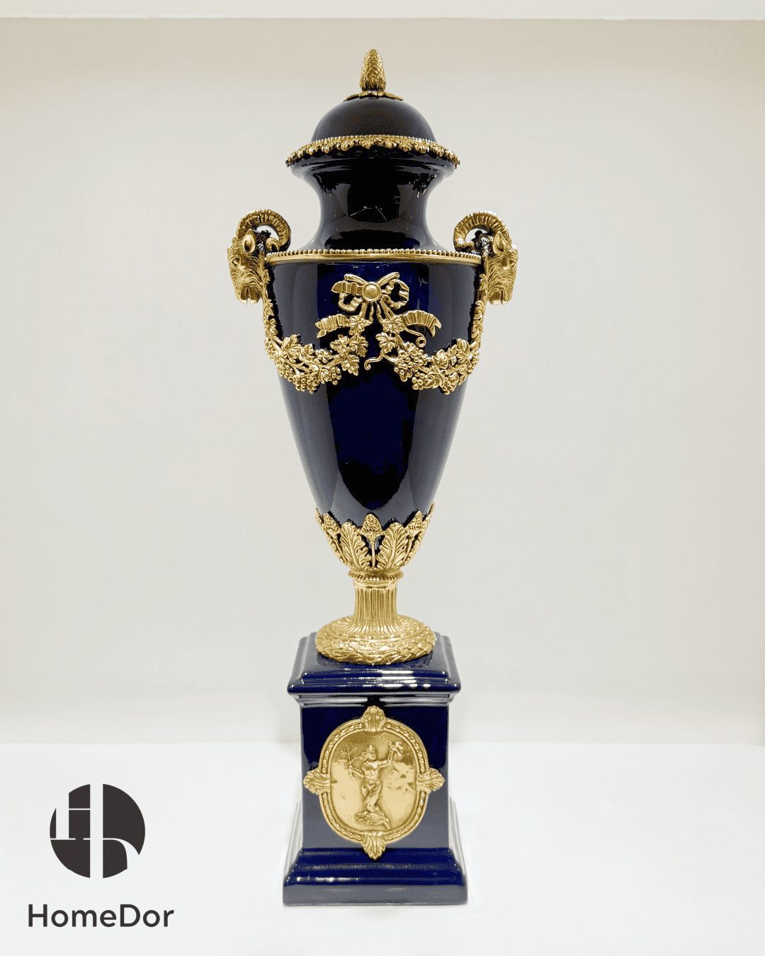 HomeDor Eternal Navy Opulence Porcelain Trophy Artistic Ornament Urn/Table Decor-Vases & Vessels-L22cm X W17cm X H57cm-