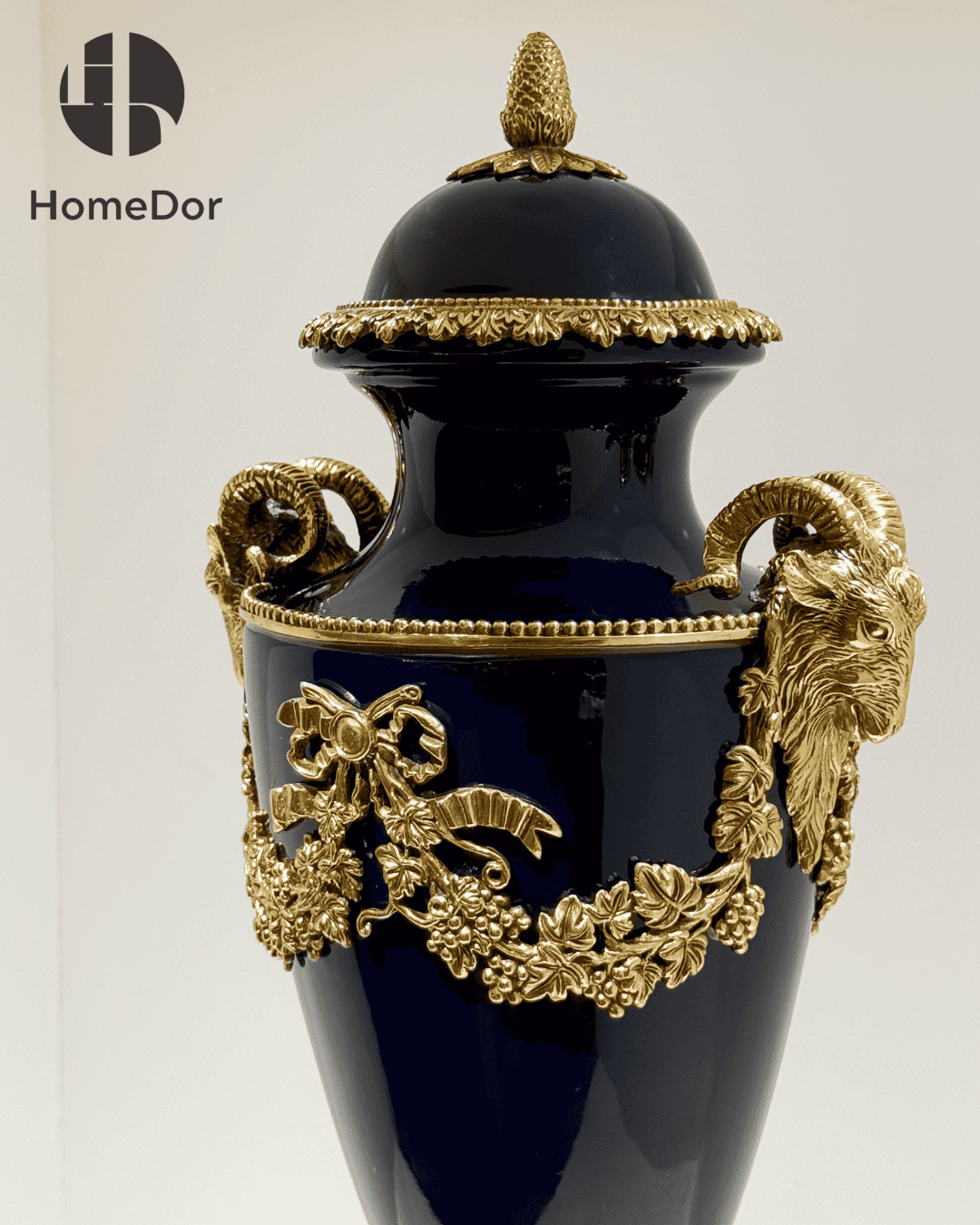 HomeDor Eternal Navy Opulence Porcelain Trophy Artistic Ornament Urn/Table Decor-Vases & Vessels-L22cm X W17cm X H57cm-