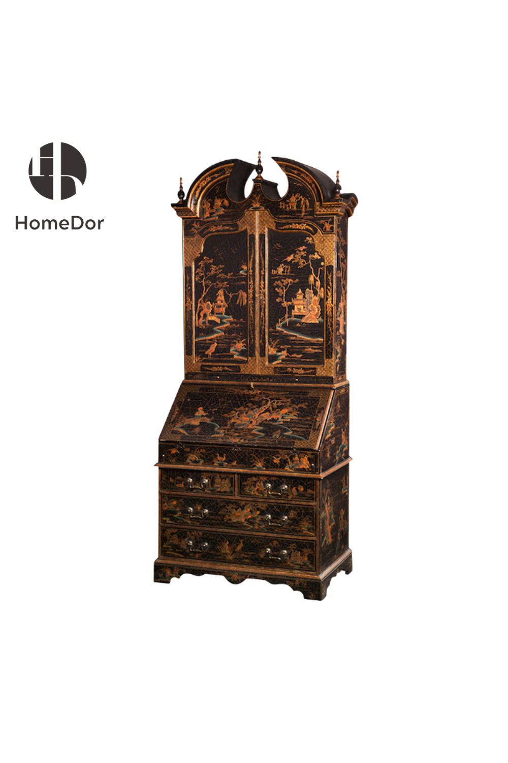 HomeDor-HomeDor × FH&Home | Exquisite Black Lacquer Secretary Bookcase with Gold Oriental Scenes-L95cm× W55cm× H220cm-