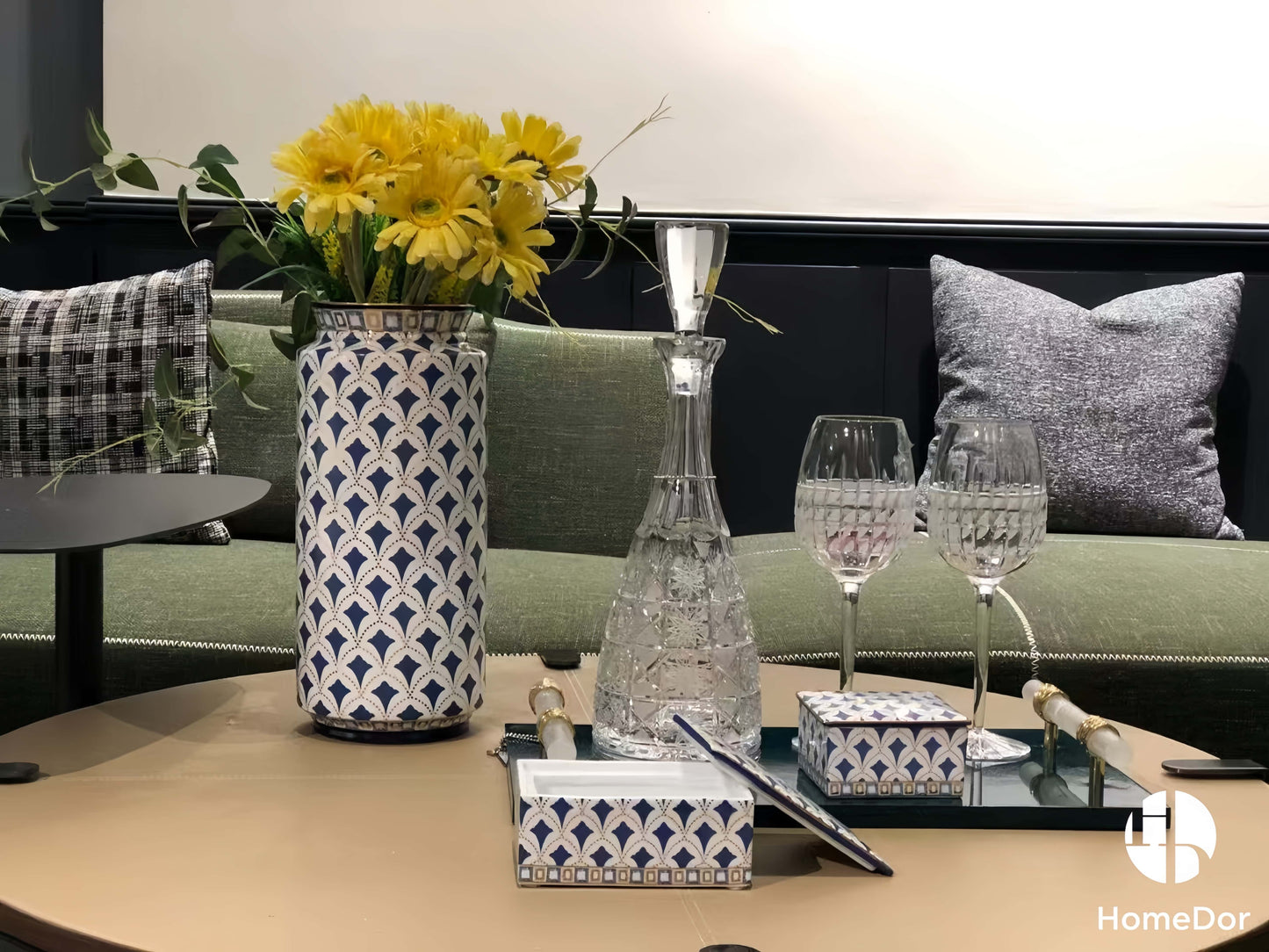 Exquisite Blue and White Porcelain Table Decor Set with Geometric Patterns and Golden Accents